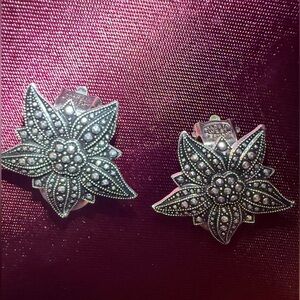 West Germany Pair of Marcasite Clip-On Floral Designs Earrings